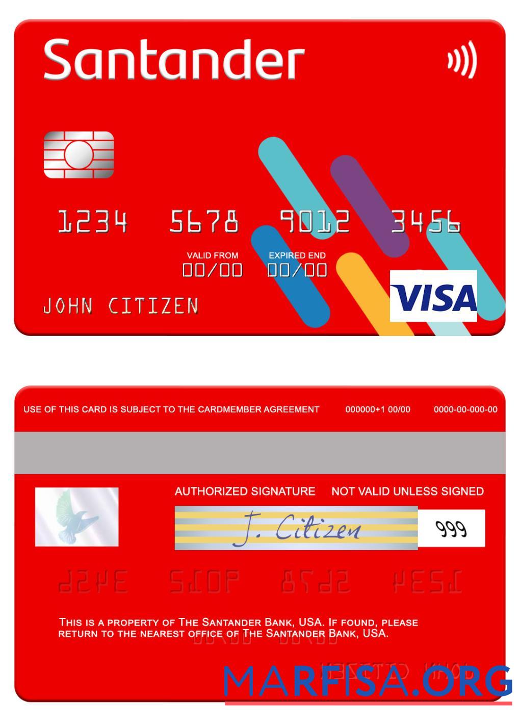 Realistic USA Santander Bank visa card download for verification
